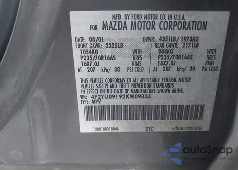 2002 Mazda Tribute Es V6/Lx V6 из США, поврежденный, VIN 4F2YU09192KM09334